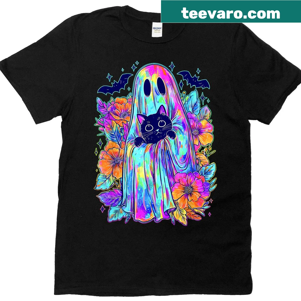 Charming Halloween t-shirt with a ghost, cat, and floral design — on a men's t-shirt