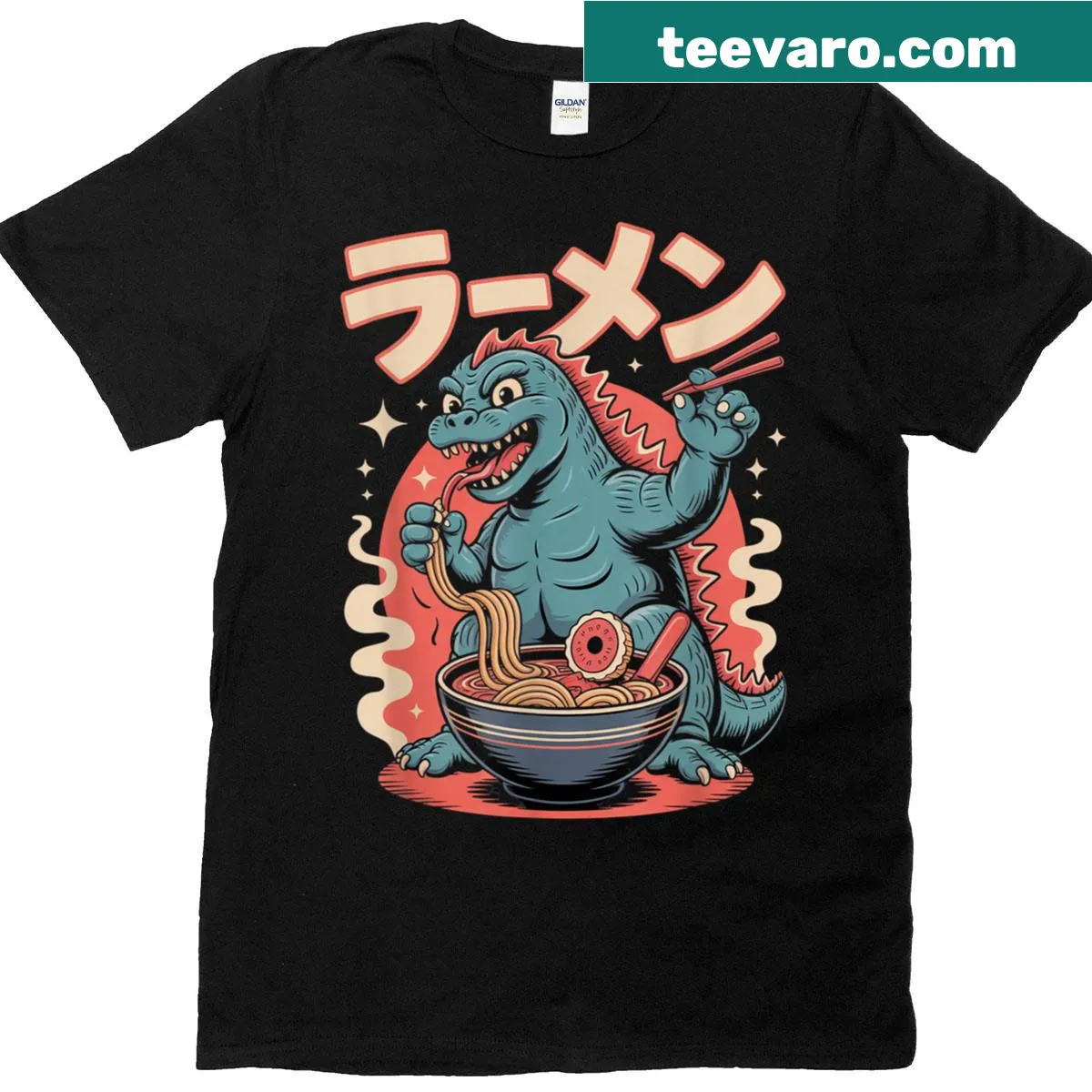 Kawaii kaiju character enjoying ramen on t-shirt — on a men's t-shirt