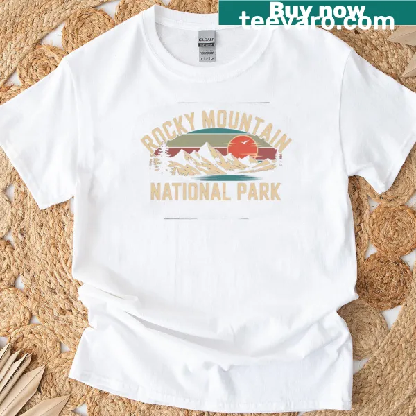 Vintage T-shirt featuring a sunset scene of Rocky Mountain National Park