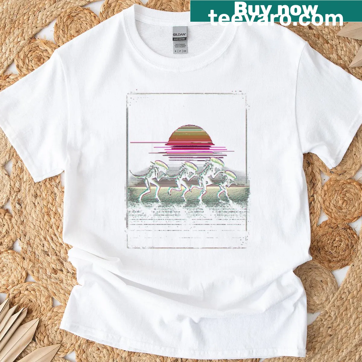 Retro 80s sci-fi horror art T-shirt featuring aliens — on a men's t-shirt