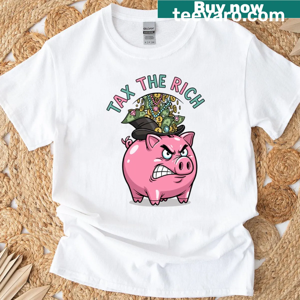 T-shirt with a piggy bank and 'Tax The Rich' graphic — on a men's t-shirt