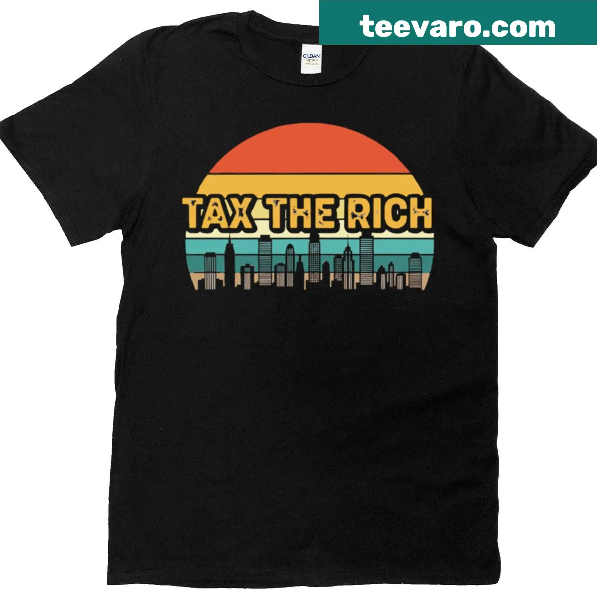 Retro styled shirt with sunset skyline and 'Tax The Rich' text — on a men's t-shirt