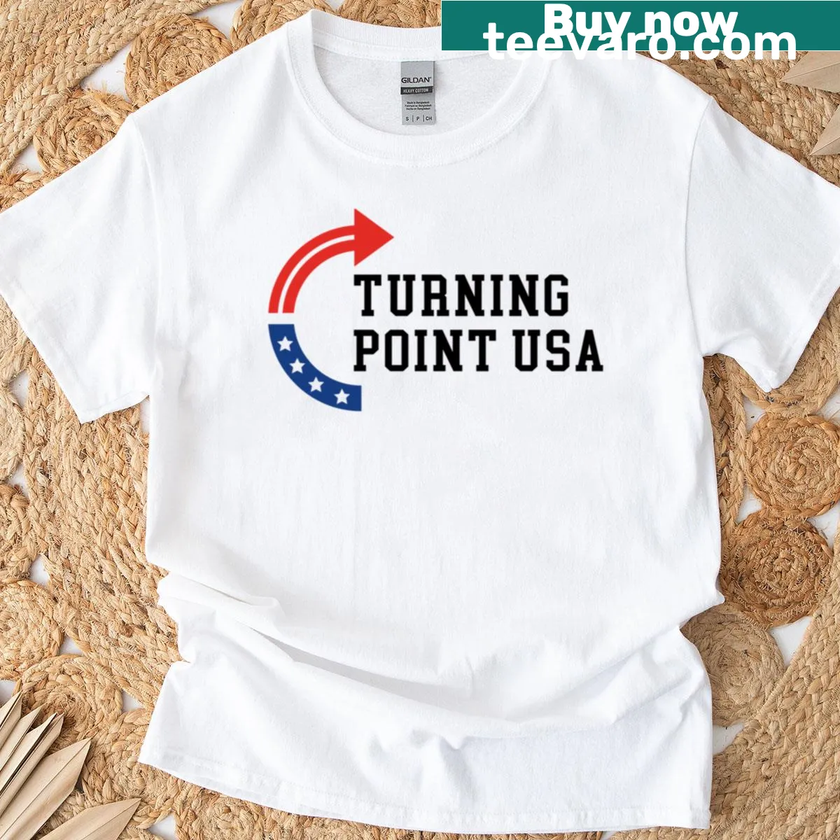Illustrated T-shirt with American flag and political jokes — on a men's t-shirt