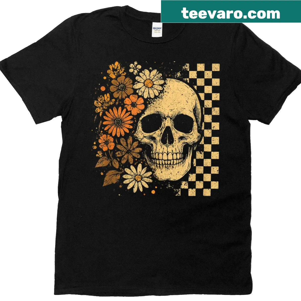 Vintage floral skull design for Halloween themed t-shirt — on a men's t-shirt