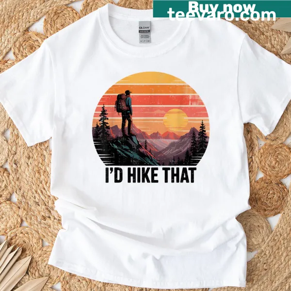 Playful hiking text with mountain imagery on a vintage outdoor t-shirt