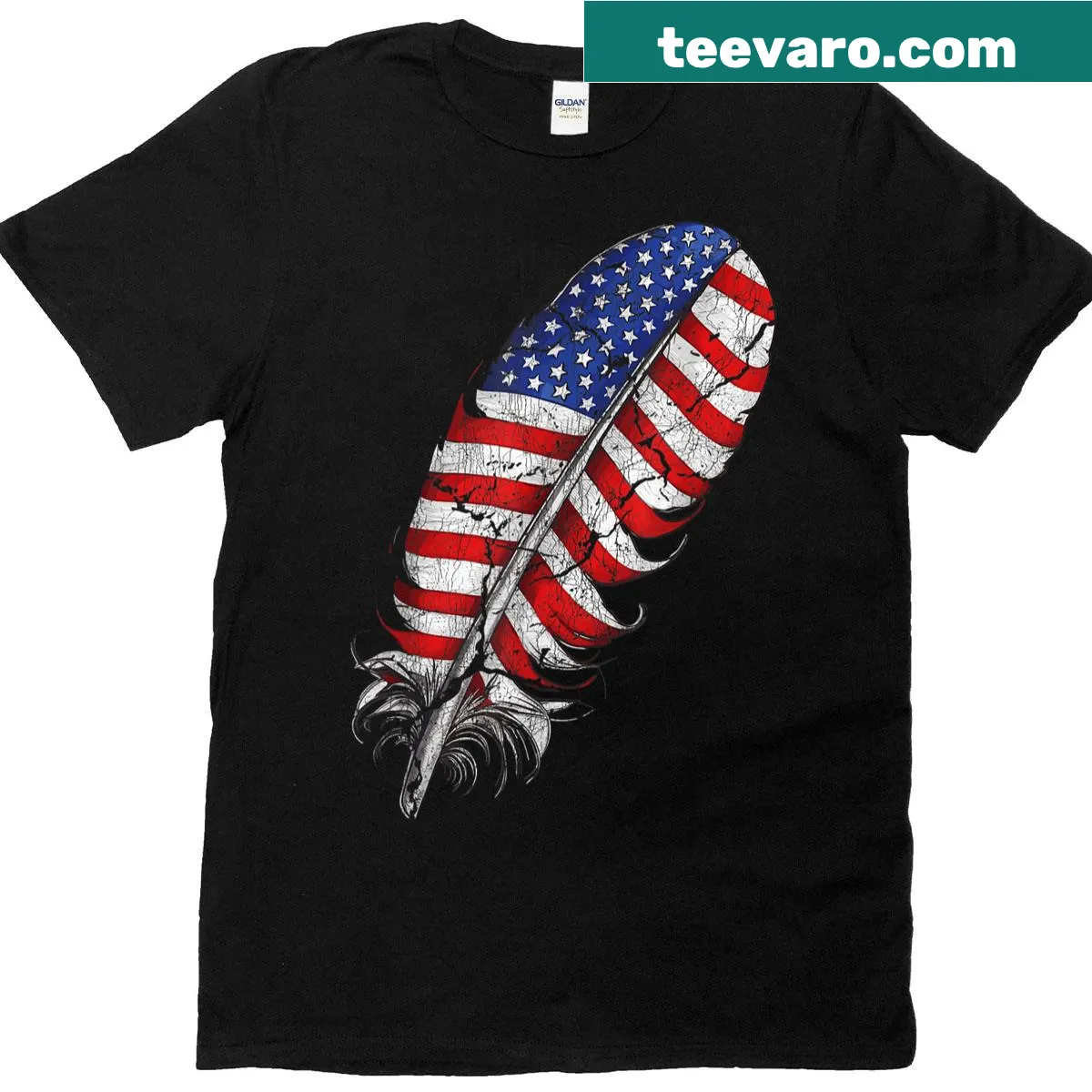 Retro design with Native American feather and US flag symbols — on a men's t-shirt