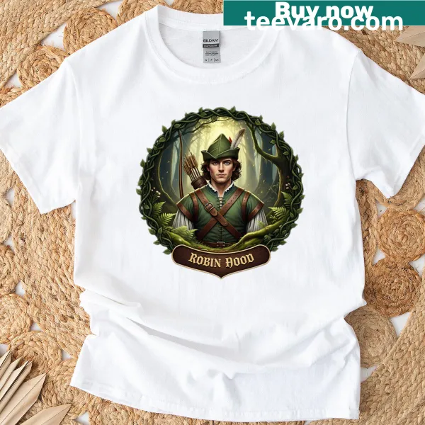 Robin Hood themed t-shirt with whimsical illustrations