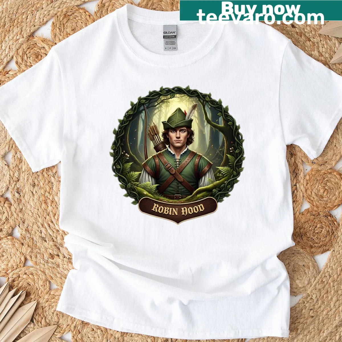 Robin Hood themed t-shirt with whimsical illustrations — on a men's t-shirt
