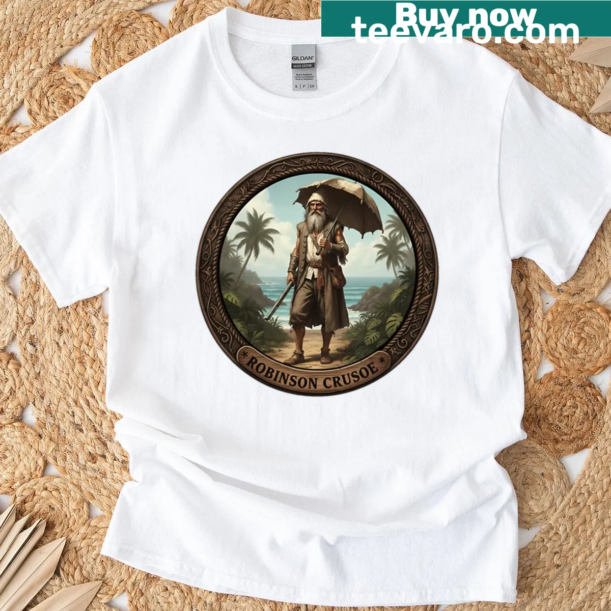 Robinson Crusoe themed adventure t-shirt with exploratory design — on a men's t-shirt