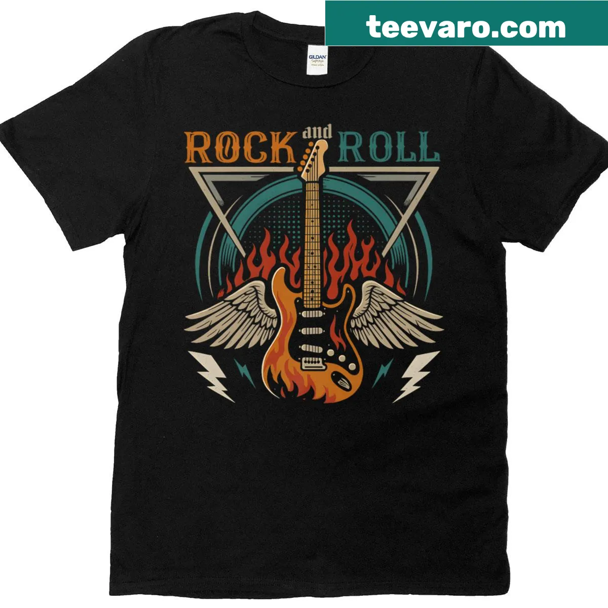 Vintage guitar graphic on rock and roll t-shirt — on a men's t-shirt