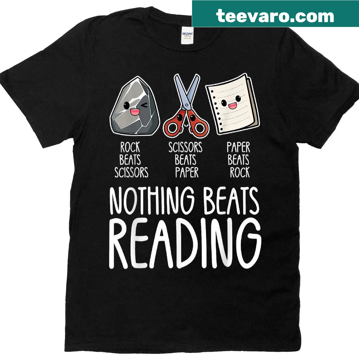 Vintage graphic tee combining Rock Paper Scissors and a reading theme — on a men's t-shirt