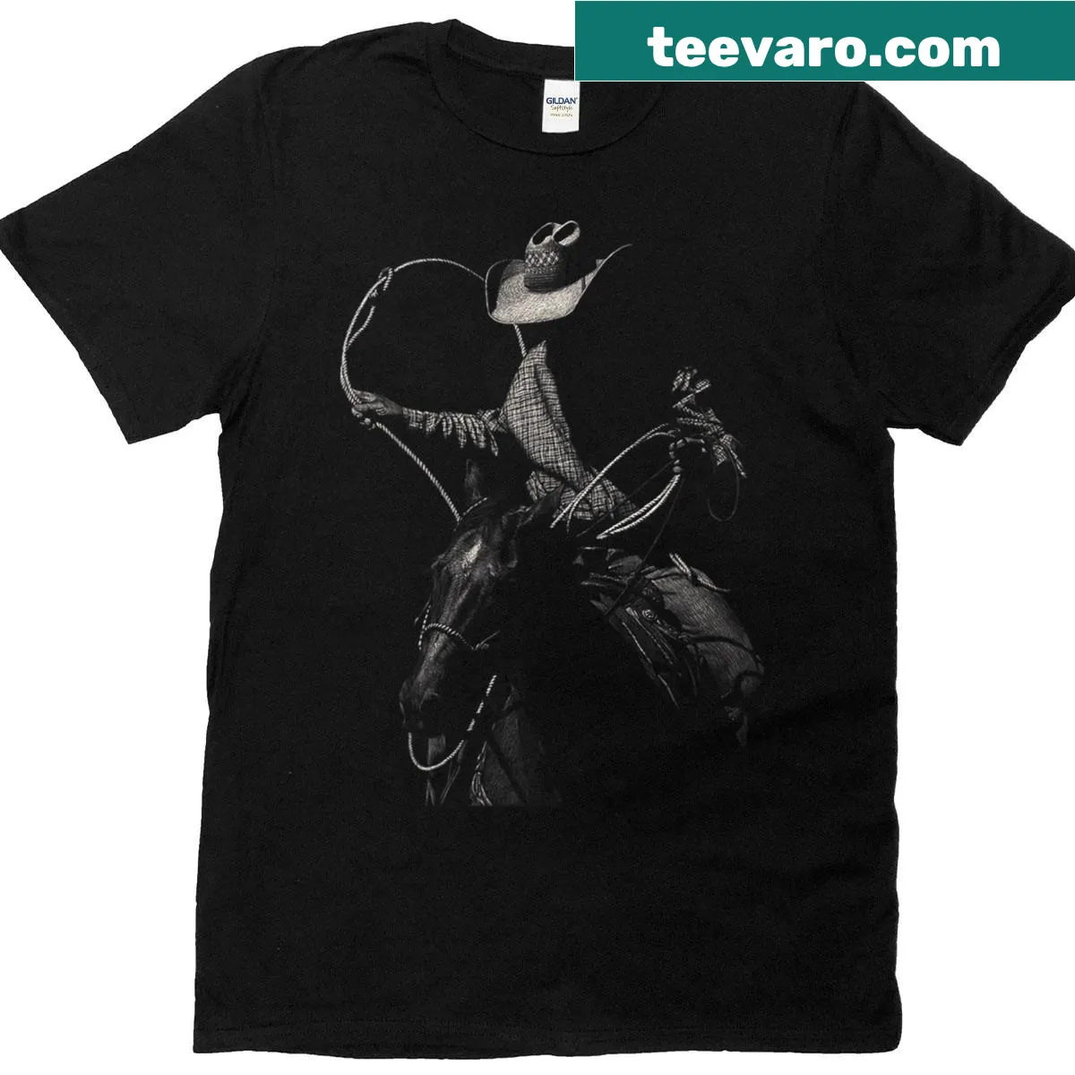 Vintage rodeo cowboy T-shirt with horse art and distressed details — on a men's t-shirt