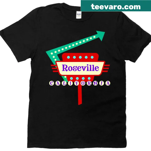 Retro T-shirt showcasing mid-century modern graphics of Roseville, California