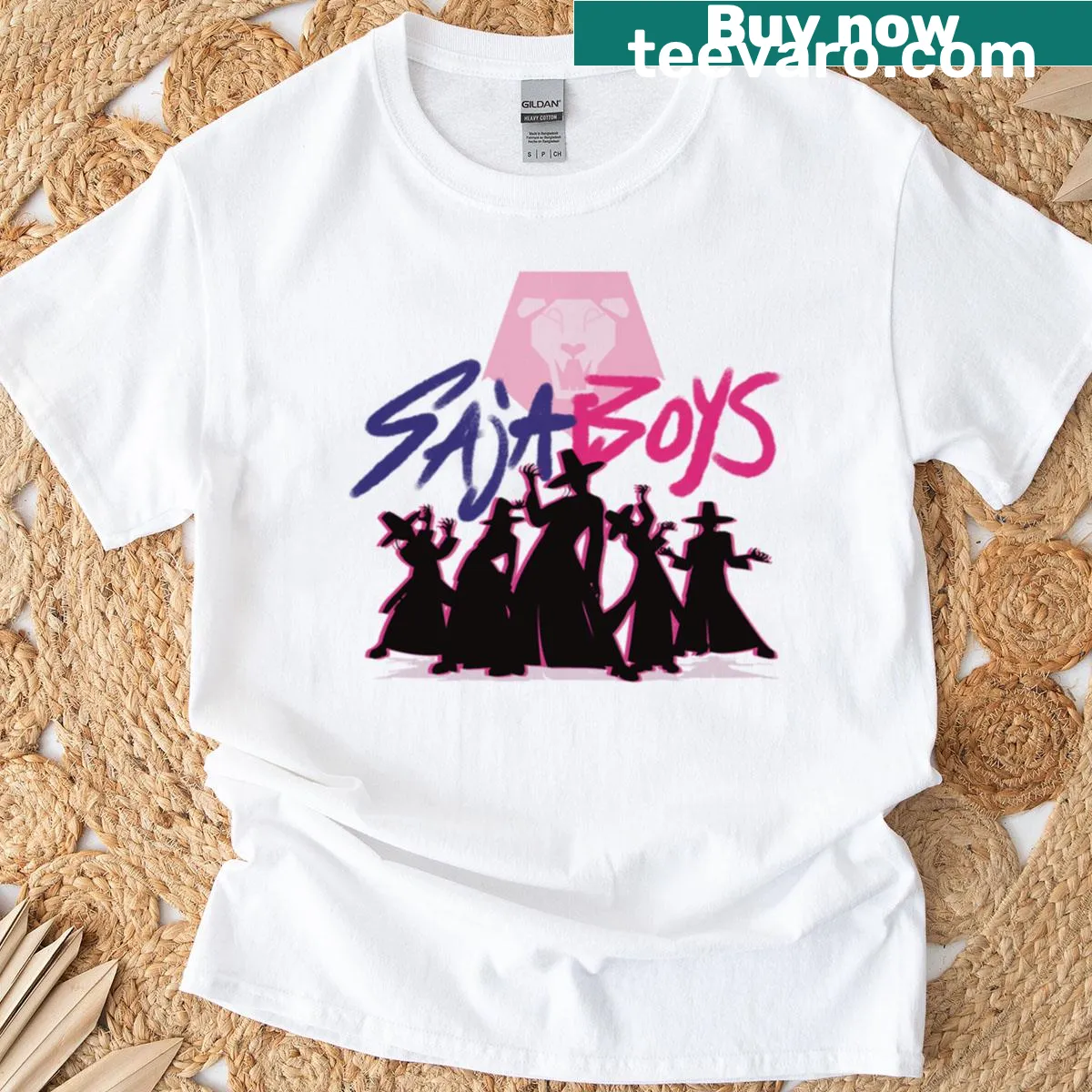 Illustrative K-pop design featuring Saja Boys demon hunters — on a men's t-shirt