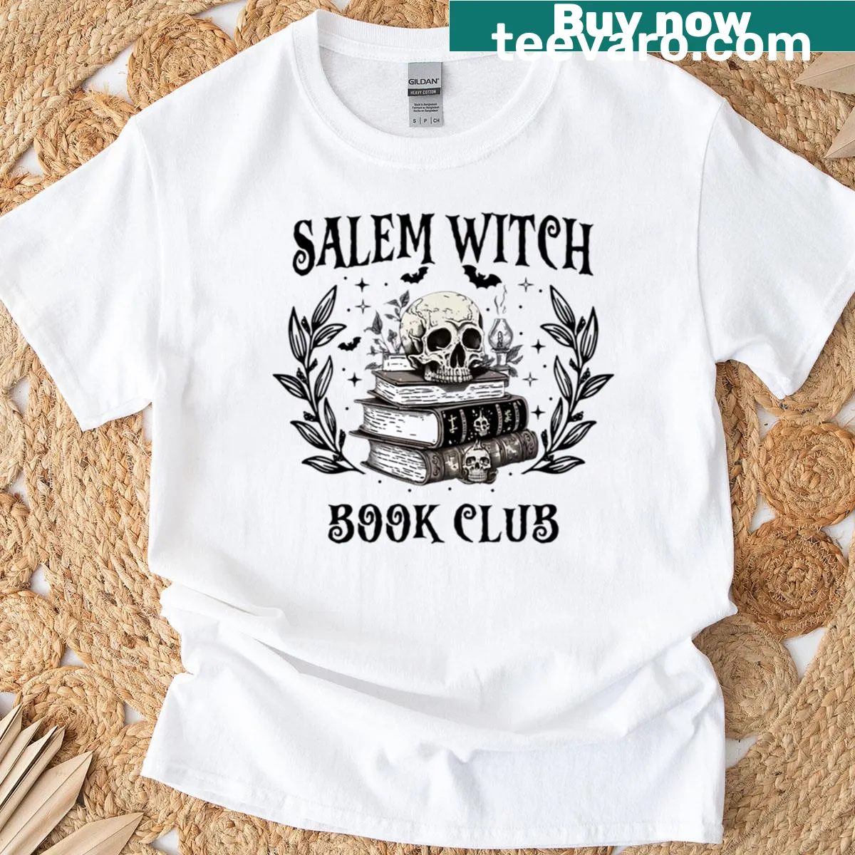 Salem Witch Book Club t-shirt with spooky themed text — on a men's t-shirt