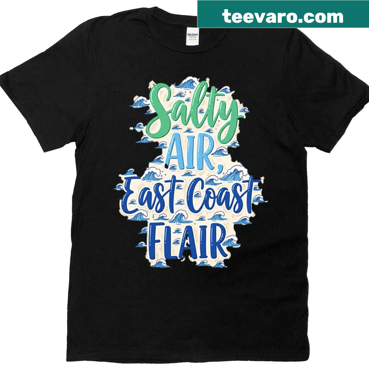 Typography T-shirt with 'Salty Air East Coast Flair' text design — on a men's t-shirt