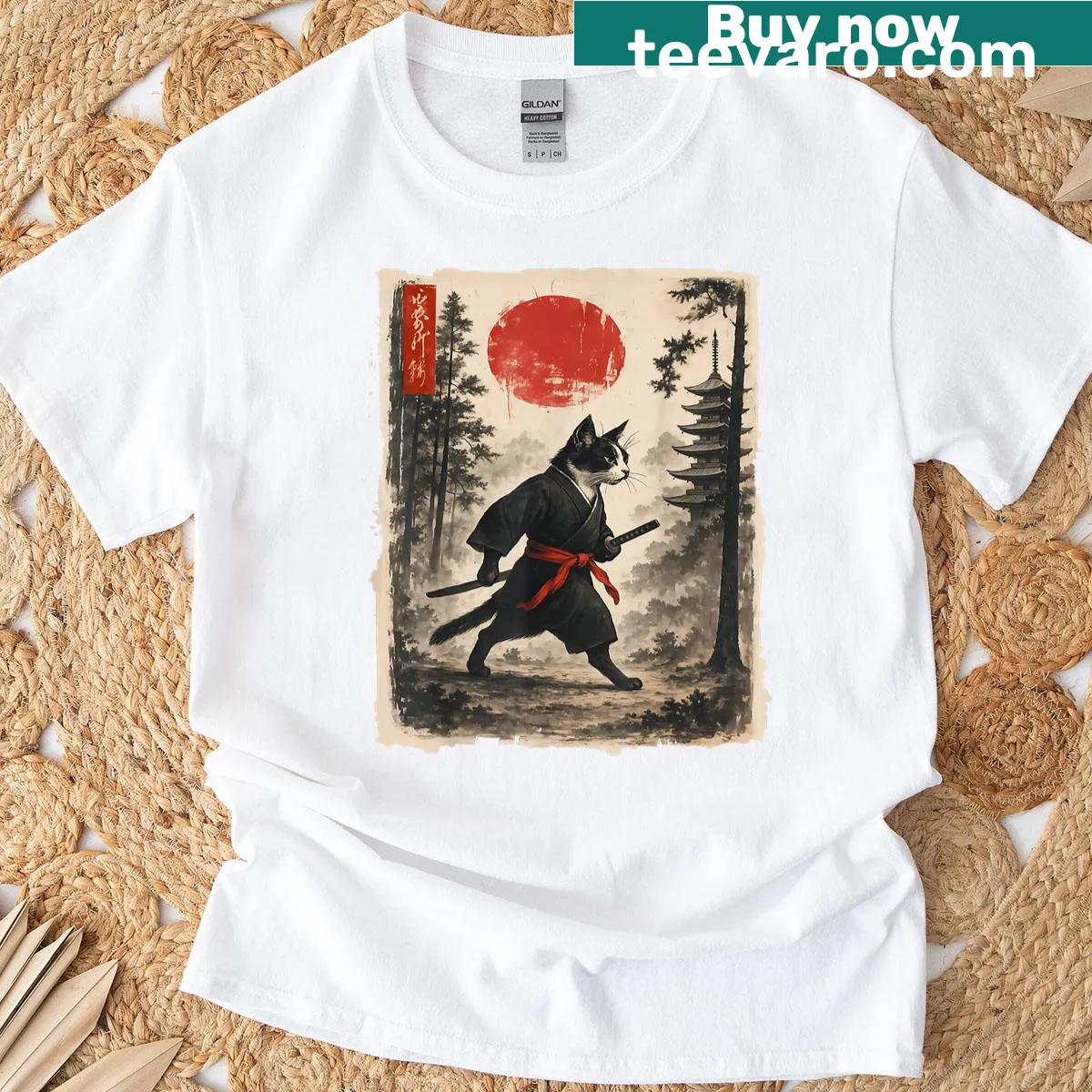 Graphic tee featuring a samurai cat in vintage Japanese art style — on a men's t-shirt