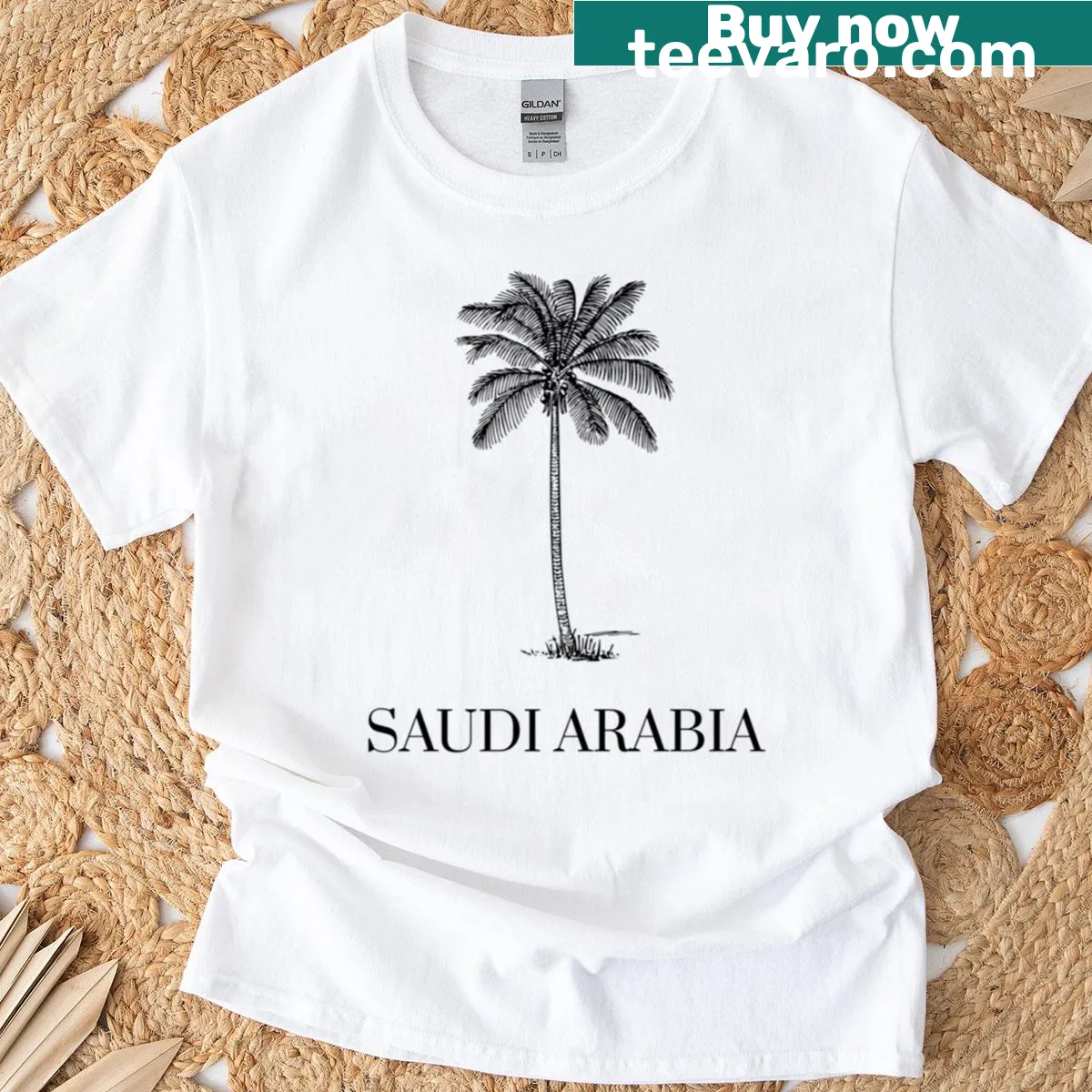 T-shirt featuring a palm tree design for Saudi National Day. — on a men's t-shirt