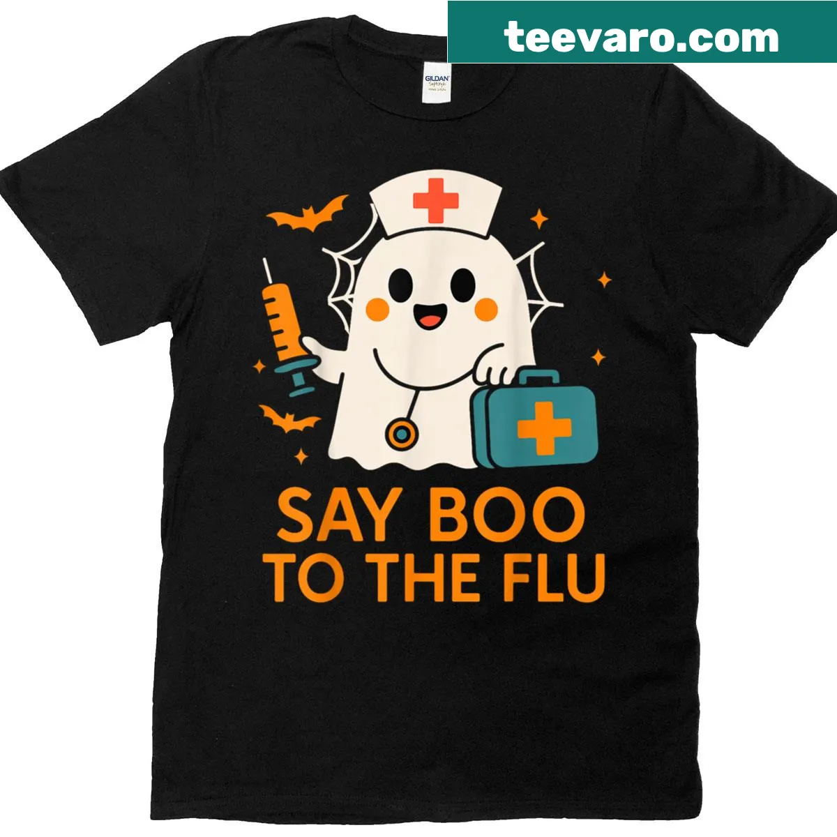 Funny Halloween nurse t-shirt with ghost and Say Boo To The Flu slogan — on a men's t-shirt