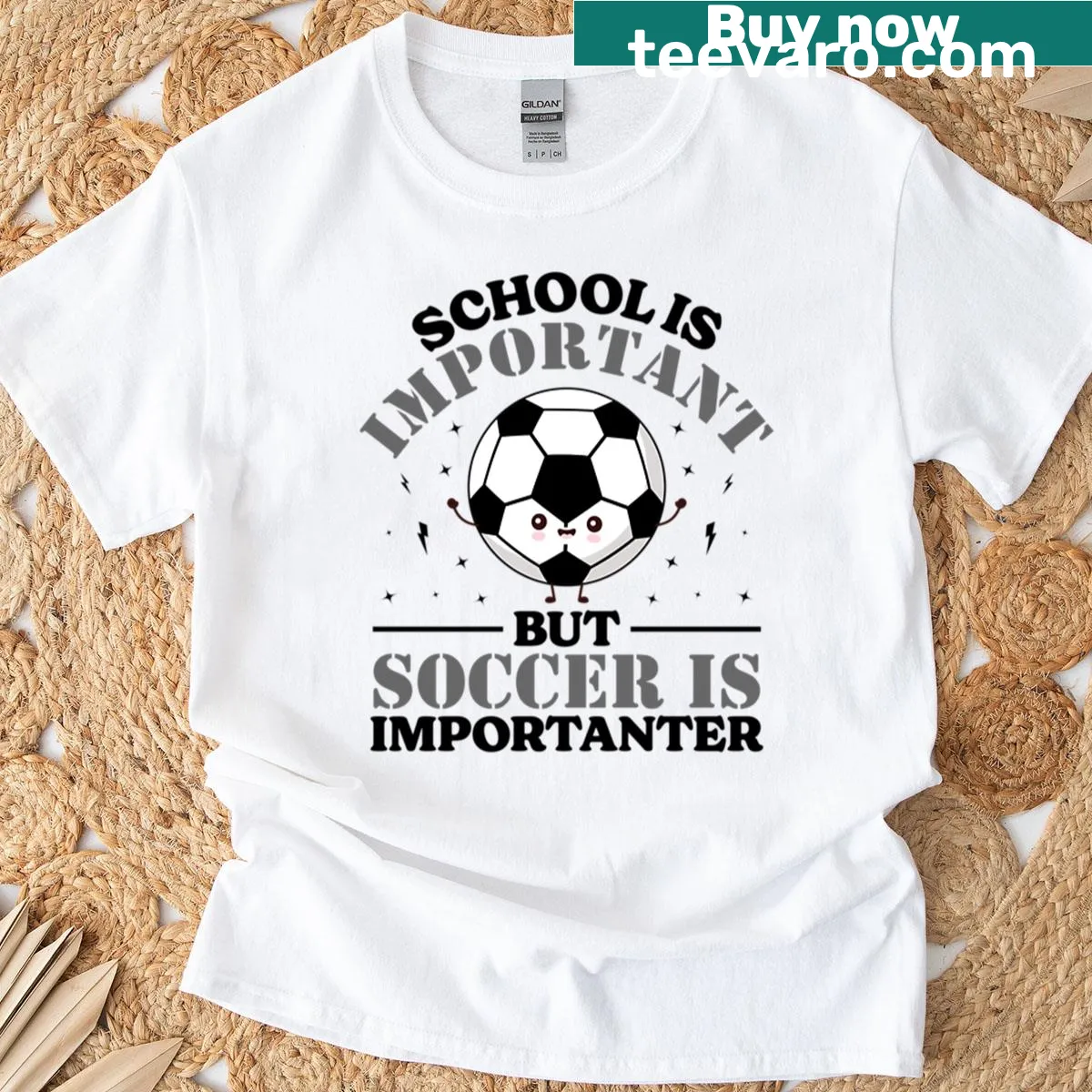 Funny typography t-shirt with 'School Is Important But Soccer Is Importanter' — on a men's t-shirt