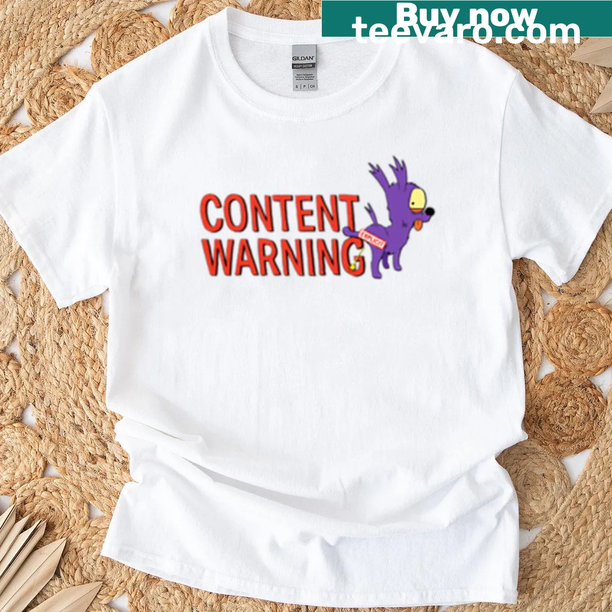Content warning graphic on T-shirt — on a men's t-shirt