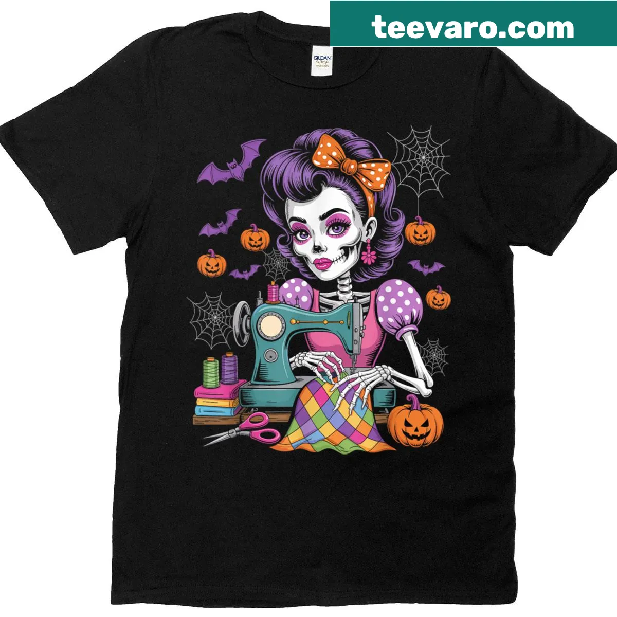 Cute T-shirt featuring a skeleton in a sewing costume for Halloween — on a men's t-shirt