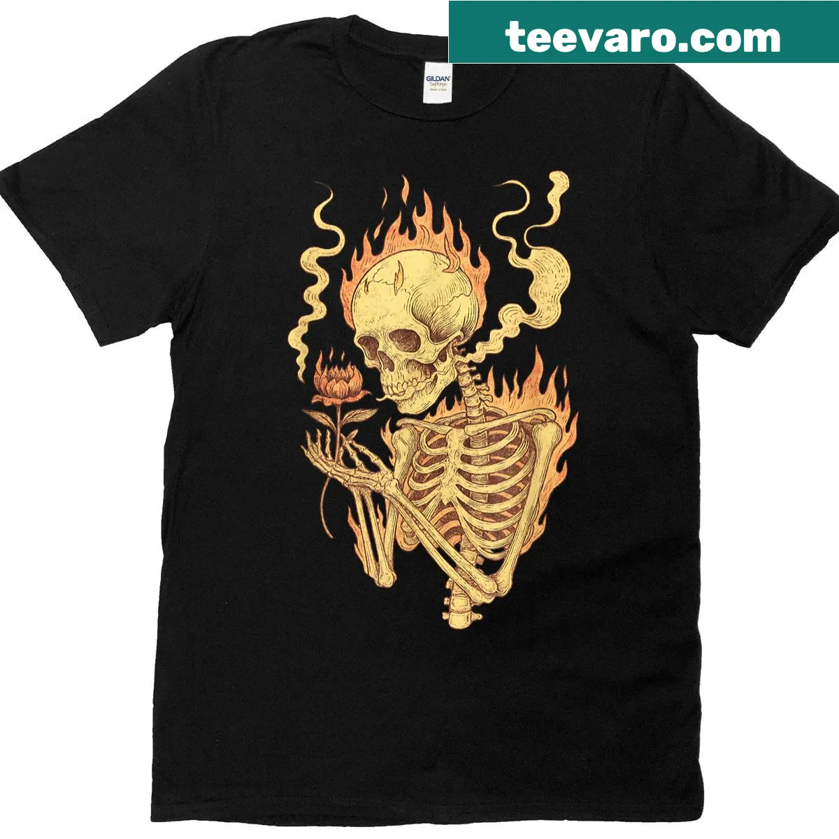 Vintage goth T-shirt with skeletons, flowers, and flames design — on a men's t-shirt