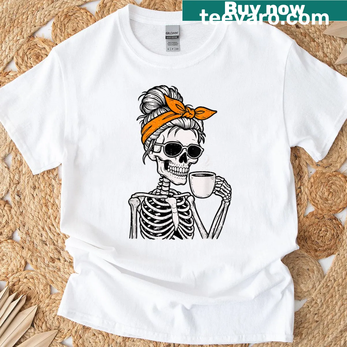 Cartoon skeleton with messy bun drinking coffee on a t-shirt — on a men's t-shirt