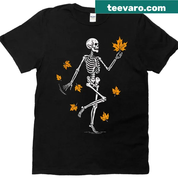 Cartoon skeleton dancing on a festive shirt for Halloween celebrations