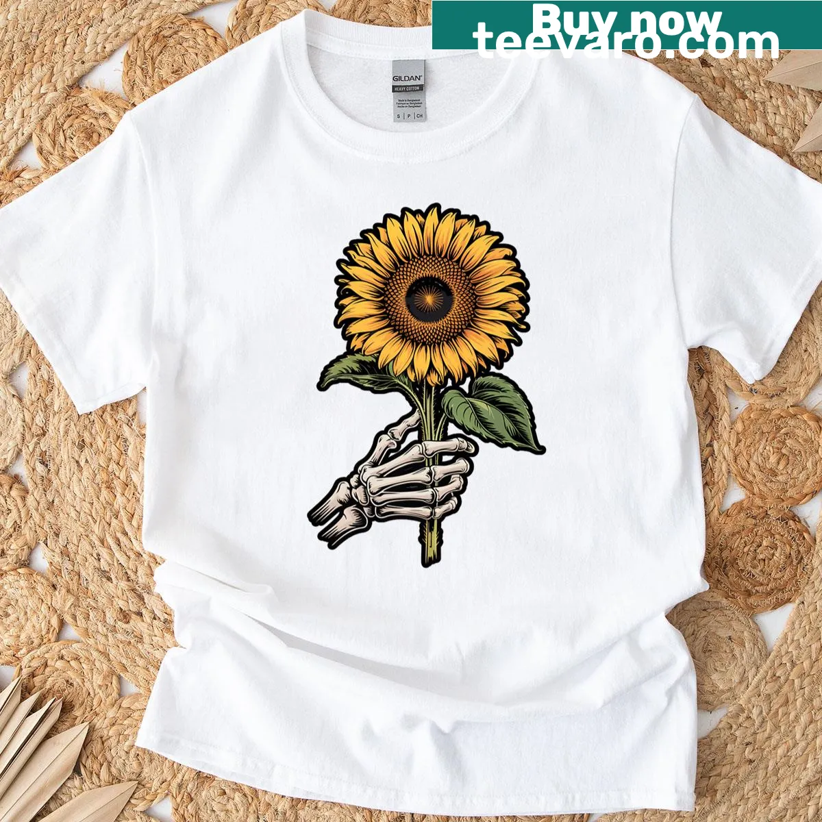 T-shirt featuring a skeleton and sunflower vintage gothic design — on a men's t-shirt