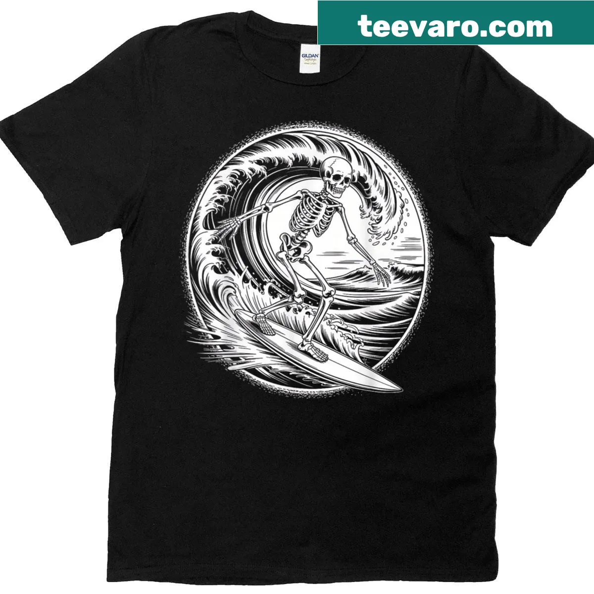 Vintage skeleton surfer graphic on a Halloween tee. — on a men's t-shirt