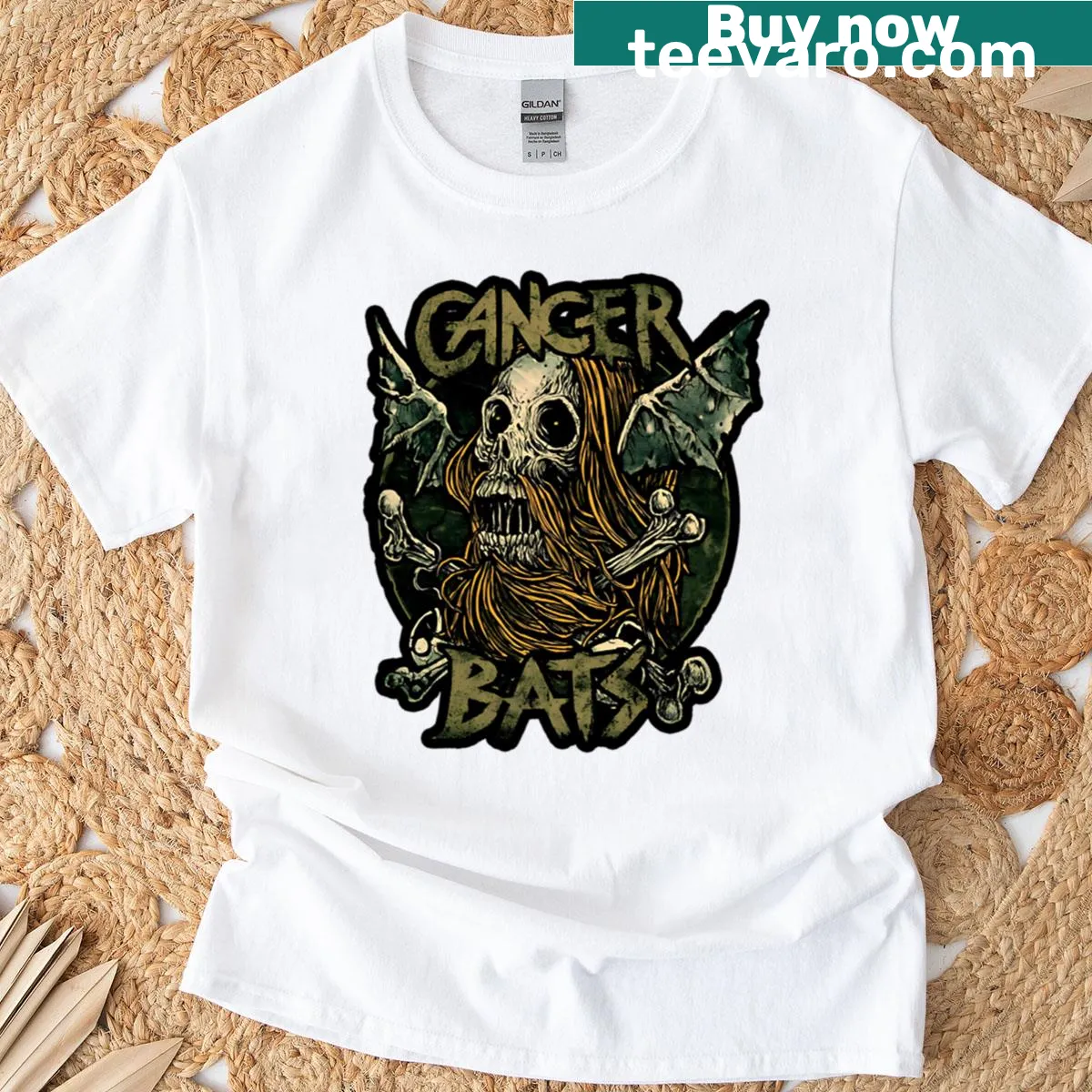 Horror-themed t-shirt with a skull and bat illustration — on a men's t-shirt