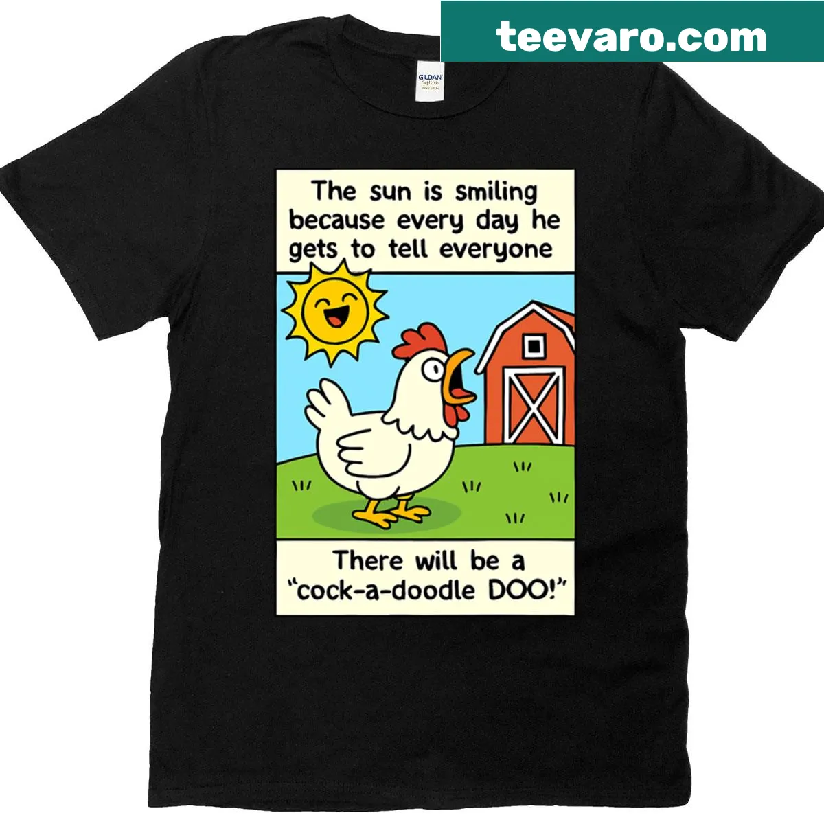 Whimsical t-shirt with a smiling sun and barnyard animals — on a men's t-shirt