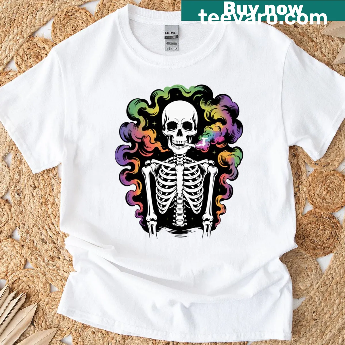 Gothic Halloween-themed T-shirt with a smoking skeleton design — on a men's t-shirt