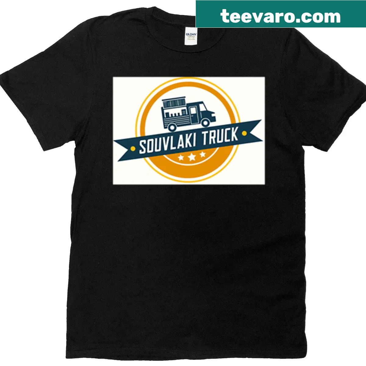 Cartoon food truck serving souvlaki on T-shirt — on a men's t-shirt