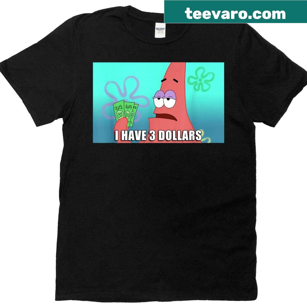 Funny T-shirt featuring Patrick from Spongebob with his '3 dollars' quote — on a men's t-shirt