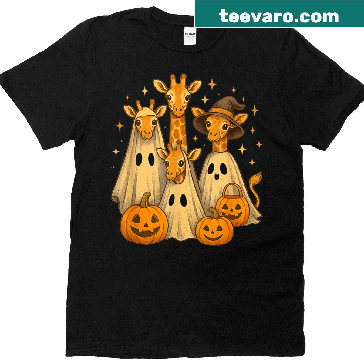 Cartoon ghost giraffe graphic for Halloween t-shirt — on a men's t-shirt