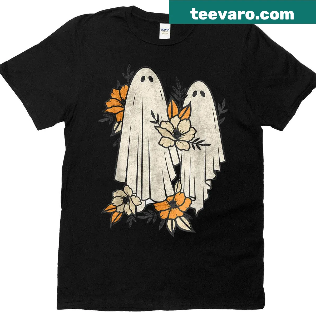Charming Halloween t-shirt with retro ghosts and floral design — on a men's t-shirt
