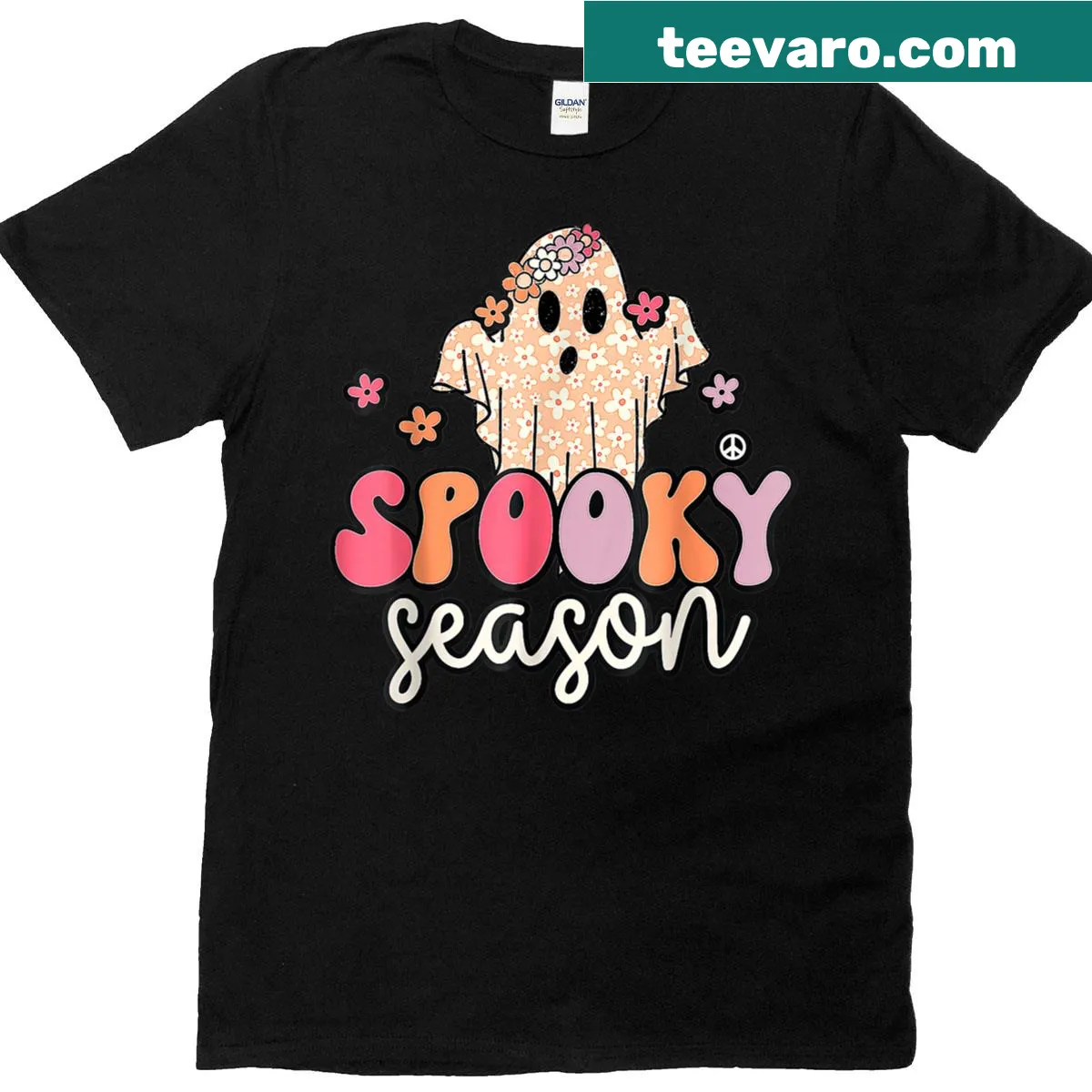 Whimsical ghost and flower graphic for Halloween T-shirt — on a men's t-shirt