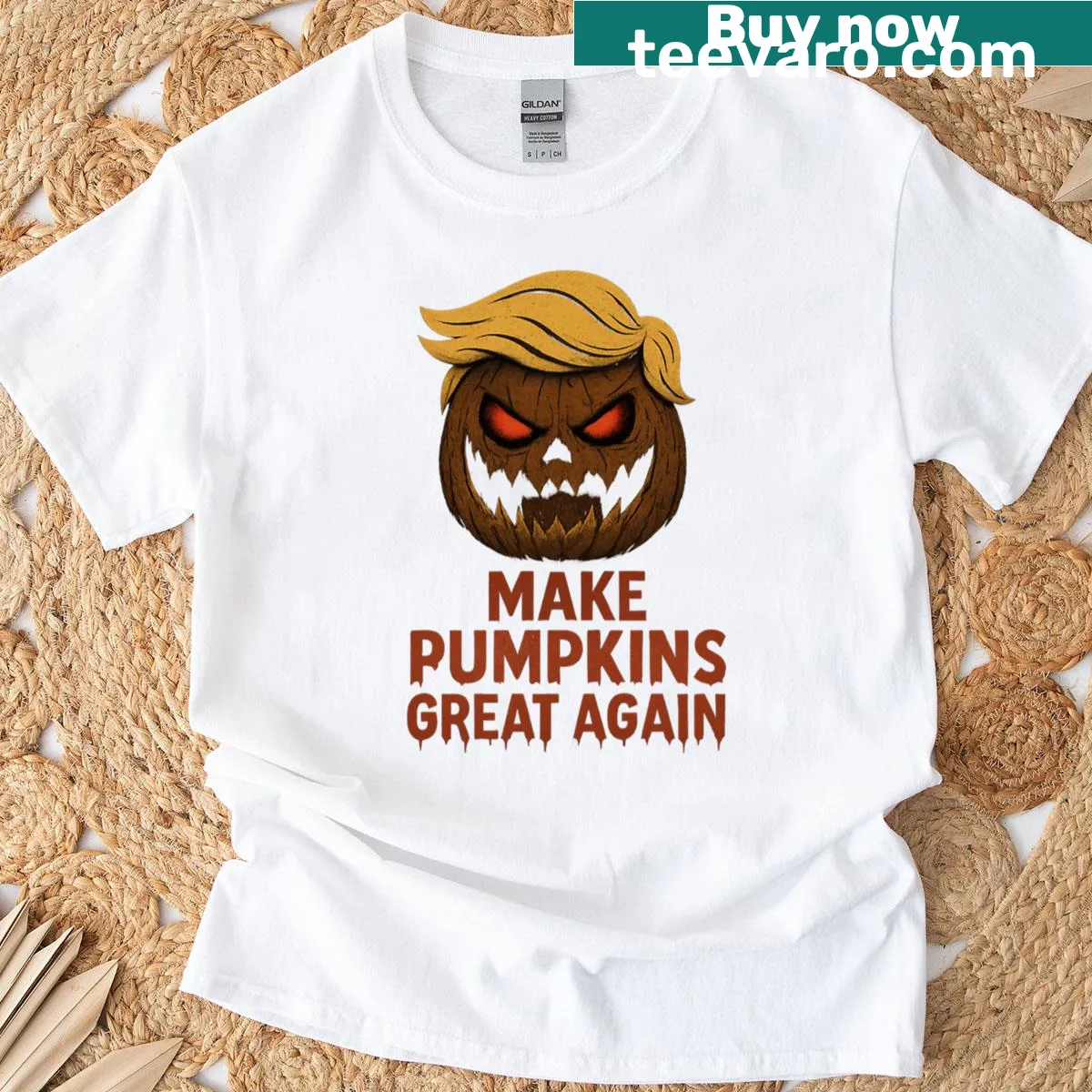 Funny pumpkin design with political satire for Halloween — on a men's t-shirt