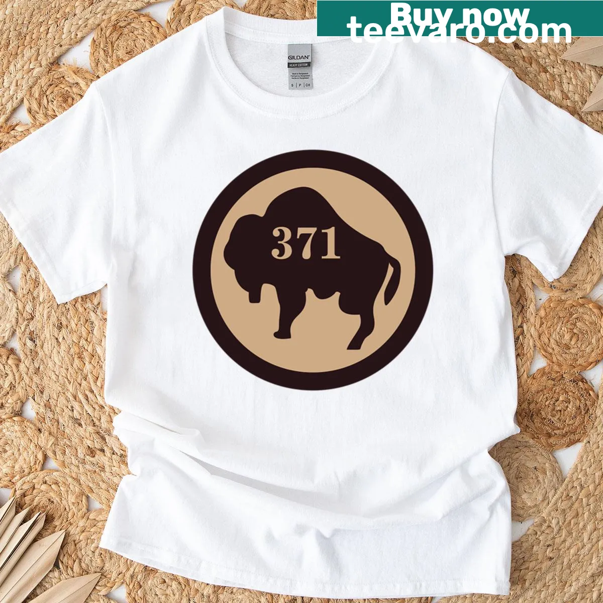 T-shirt featuring the 371st Infantry Regiment WWI patch graphic — on a men's t-shirt