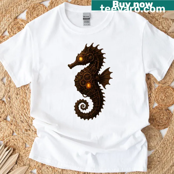 Vintage mechanical seahorse graphic t-shirt in steampunk style