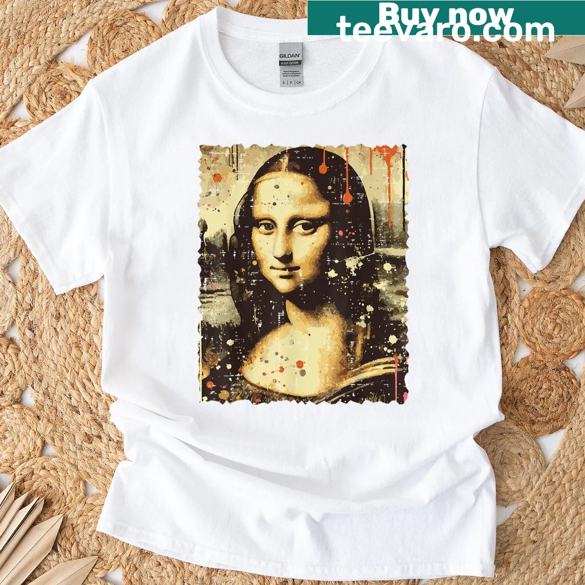 Graffiti-inspired Mona Lisa design on a vintage-style streetwear t-shirt. — on a men's t-shirt