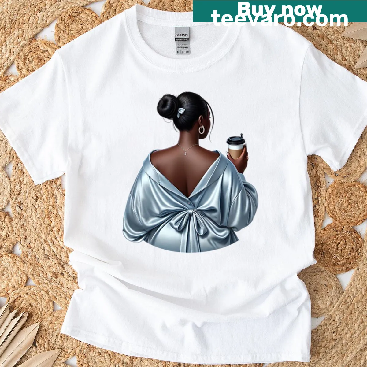 Illustration of a black girl with coffee elements in a stylish design — on a men's t-shirt