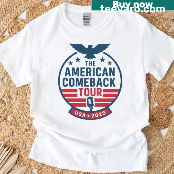 Playful travel-themed t-shirt for 'The American Comeback Tour 2025'
