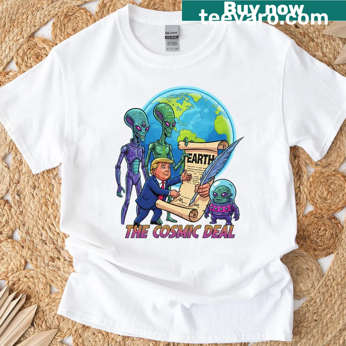 Oversized t-shirt featuring playful graphic about cosmic deals and exchanges. — on a men's t-shirt
