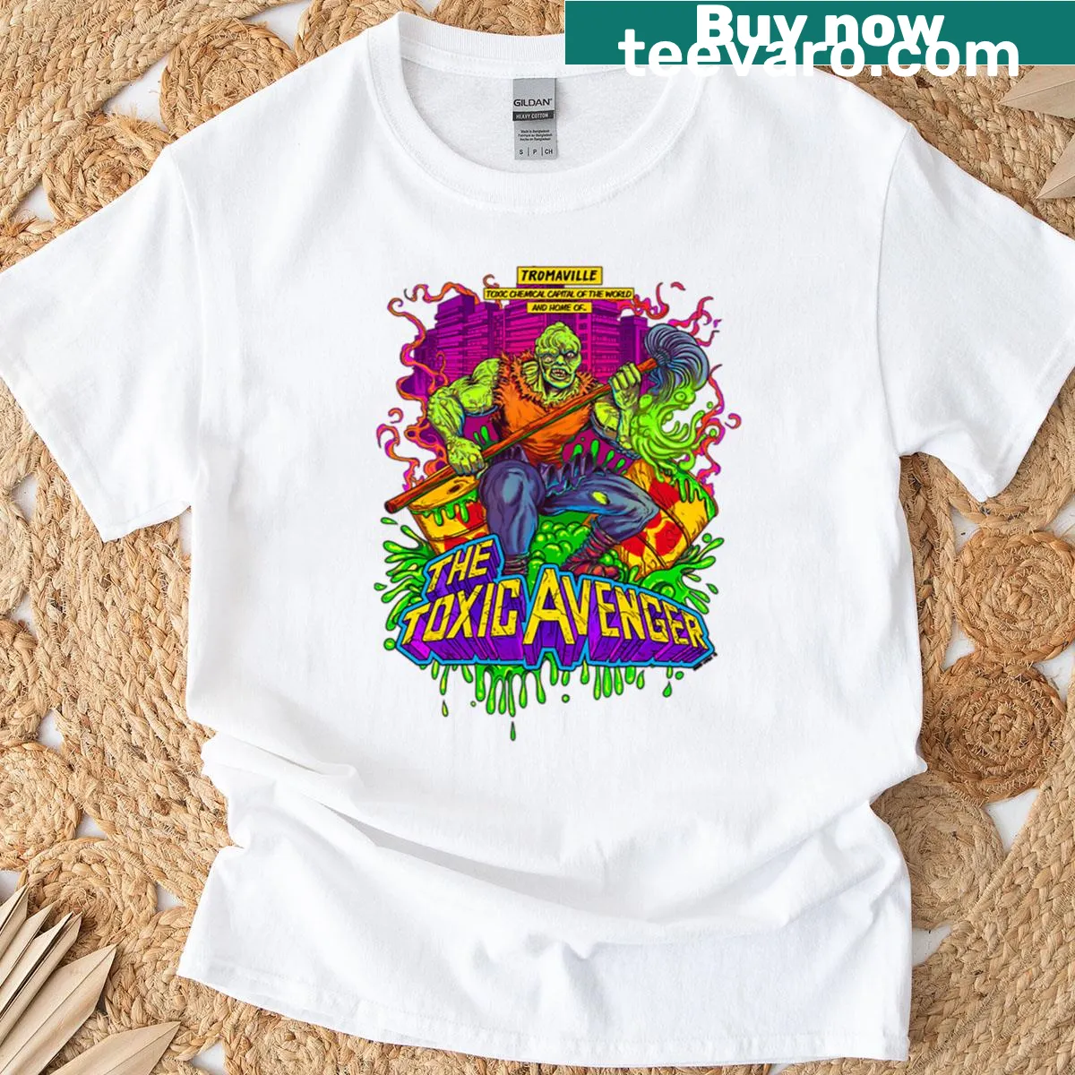 Toxic Avenger T-shirt featuring an edgy illustration of the character — on a men's t-shirt