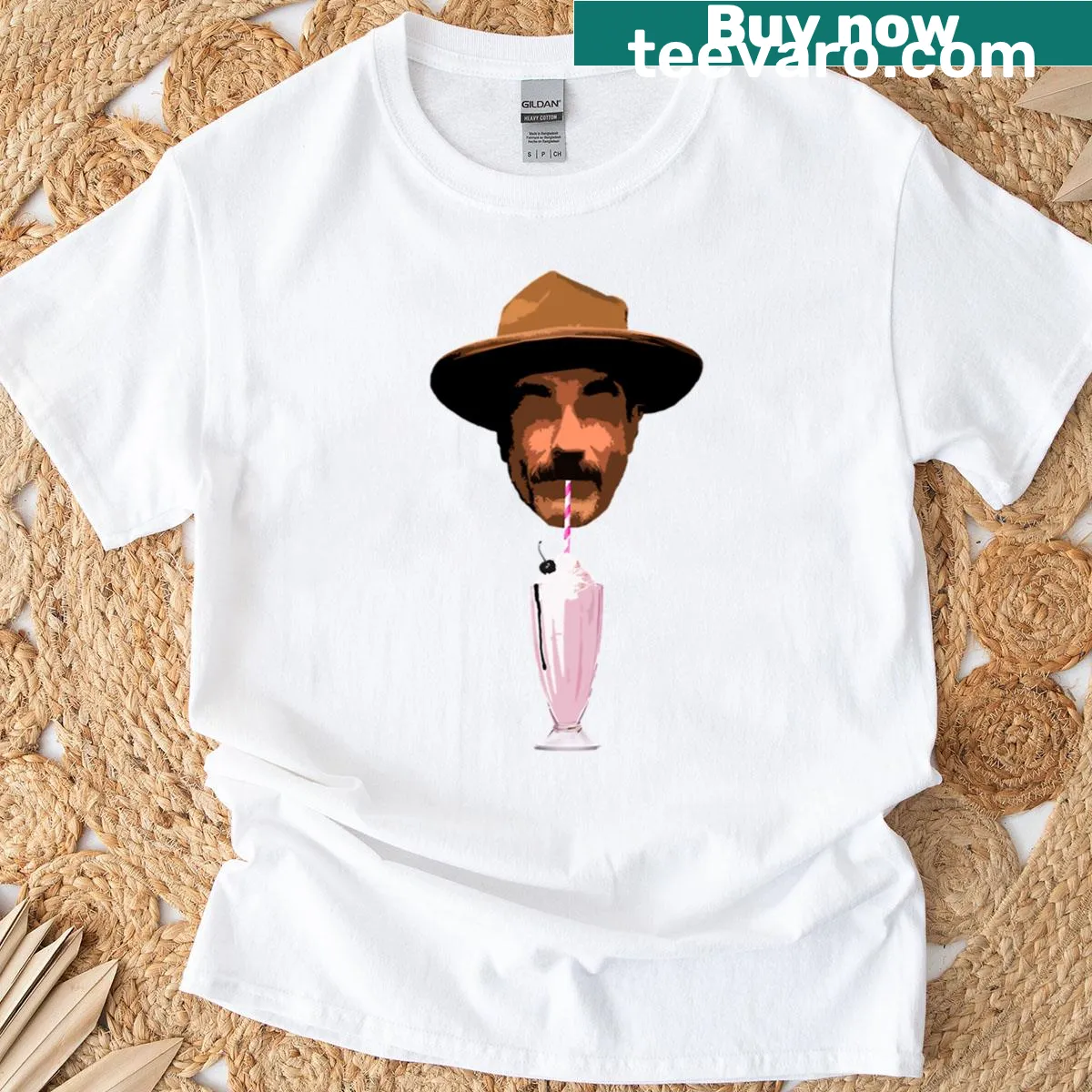 Satirical design merging oil and milkshake themes — on a men's t-shirt