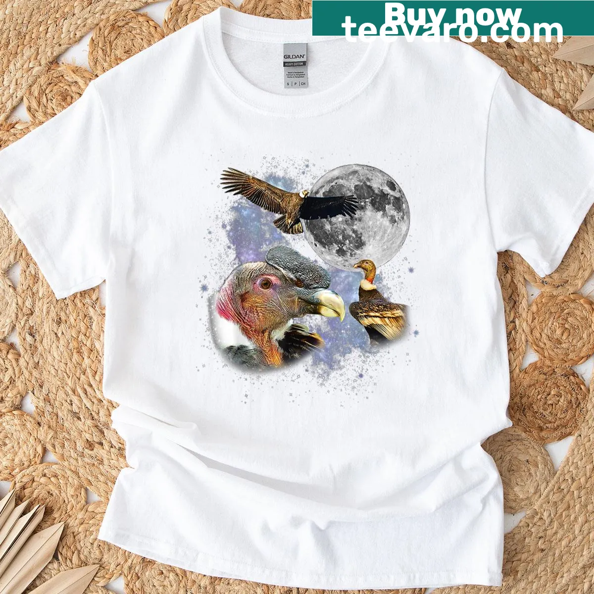 Retro graphic t-shirt featuring three Andean condors and a moon — on a men's t-shirt