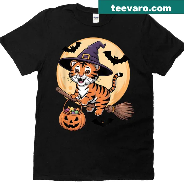 Halloween T-shirt featuring a tiger in a witch hat with pumpkins